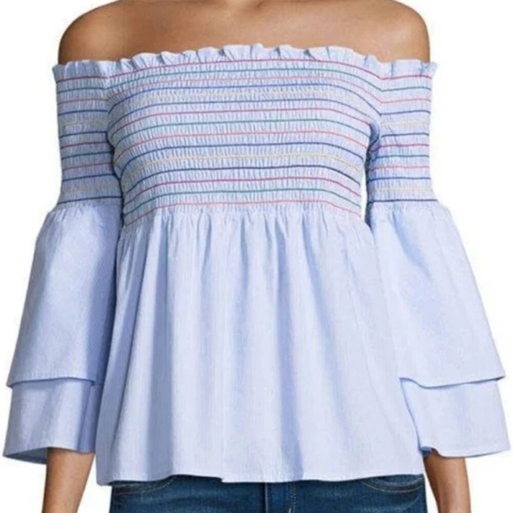 Belle Sky Light Blue Pin Striped Smocked 3/4 Sleeve Top Blouse Medium